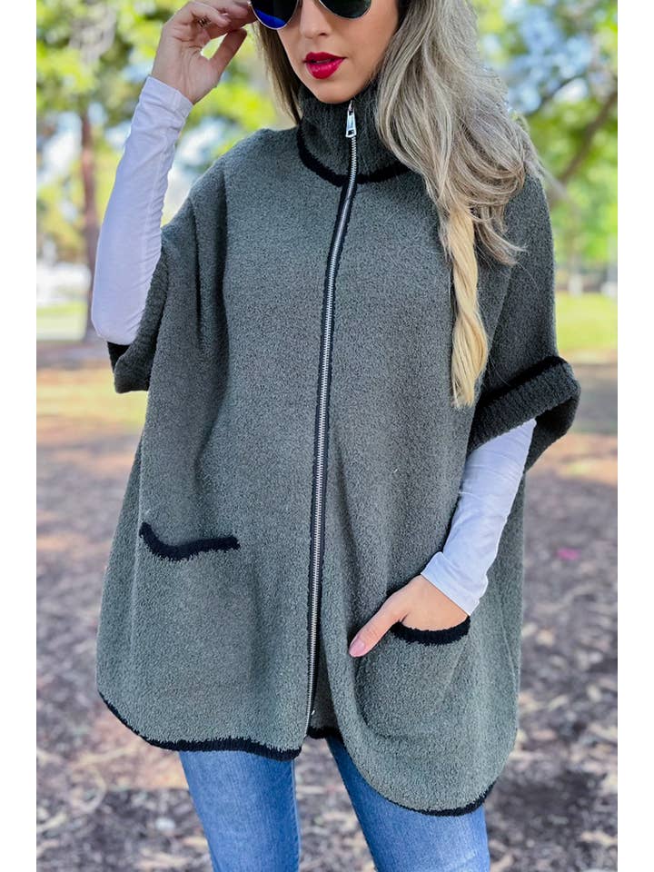 Olive Contemporary Soft Knitted Zip-Up Cozy Pocket Jacket for wholesale on Faire5