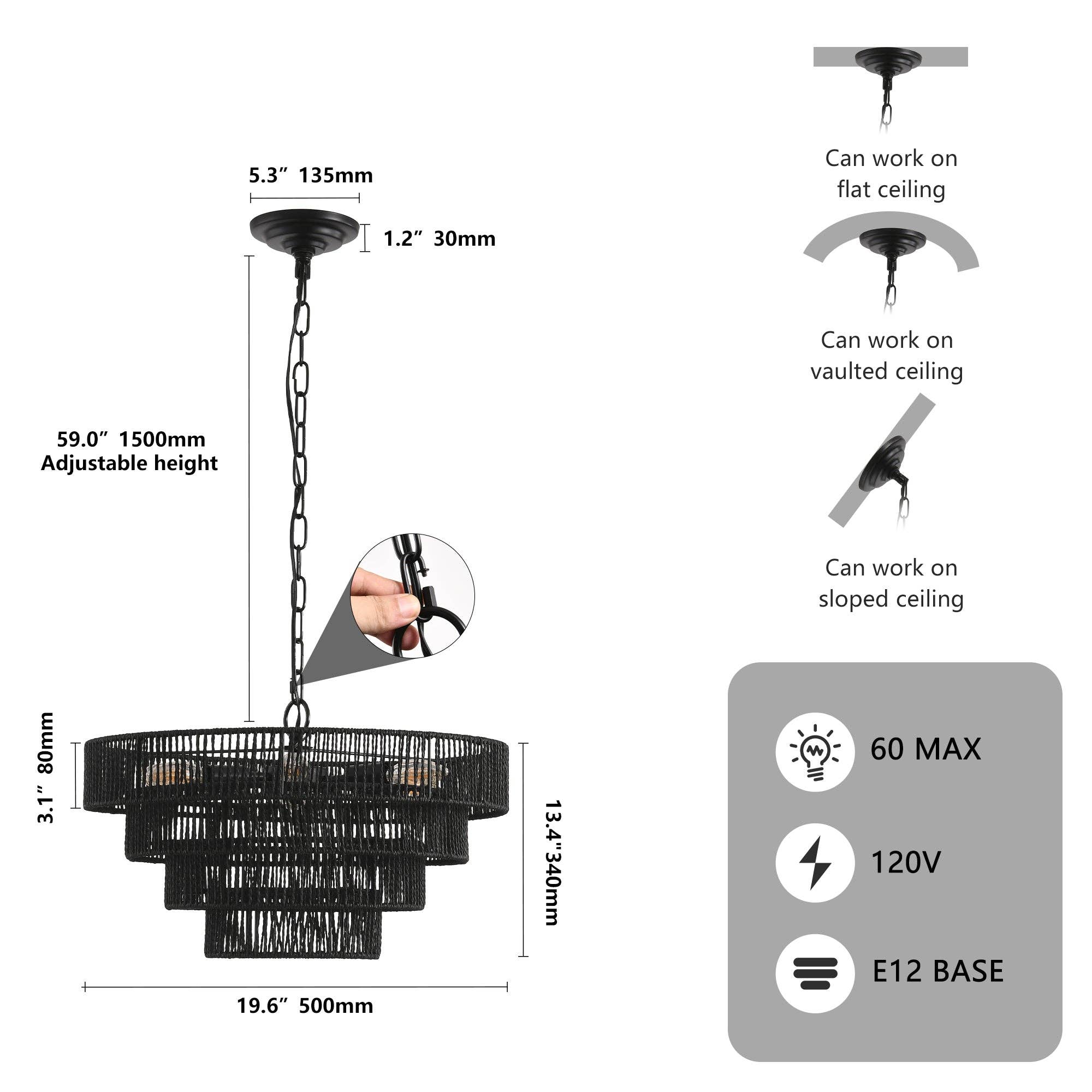39F Inc. - Wholesale Chandelier/Hanging Light - 20" Rustic 4-Tier Black Hemp Rope Boho Pendant Chandelier6