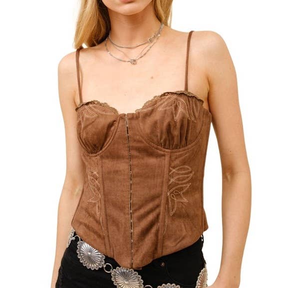Débardeur Corset Western Brodé en Daim pour la vente par Blue Bunny Inc