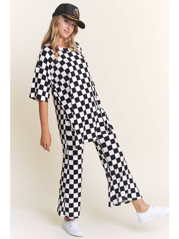 JADE BY JANE - Wholesale Lounge Set - Women's - RIBBED CHECKERED PRINT TOP/STRAIGHT LEG PANTS SET