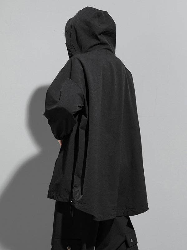 BLACK Fashion Irregularity Loose Solid Color Zipper Hooded Outerwear for wholesale on Faire9