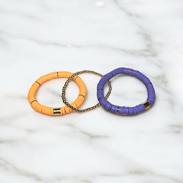 Fish Towne Designs, LLC - Wholesale Jewelry Set - Gold Purple Game Day Stack Bracelet, School Spirit Jewelry