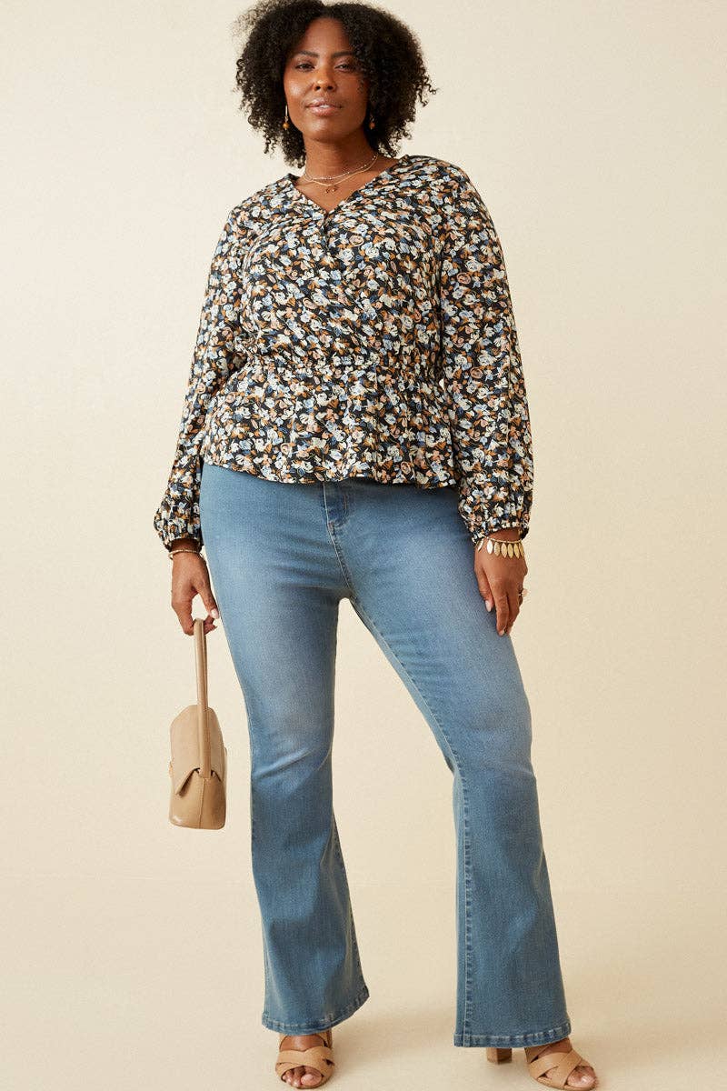 Black Womens Ditsy Floral Surplice Long Sleeve Chiffon Peplum for wholesale on Faire4