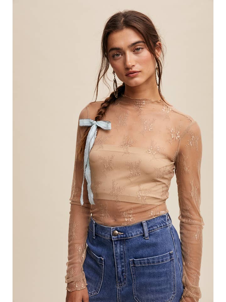 Listicle - Wholesale Blouse - Women's - Sheer Lace Long-Sleeve Top1