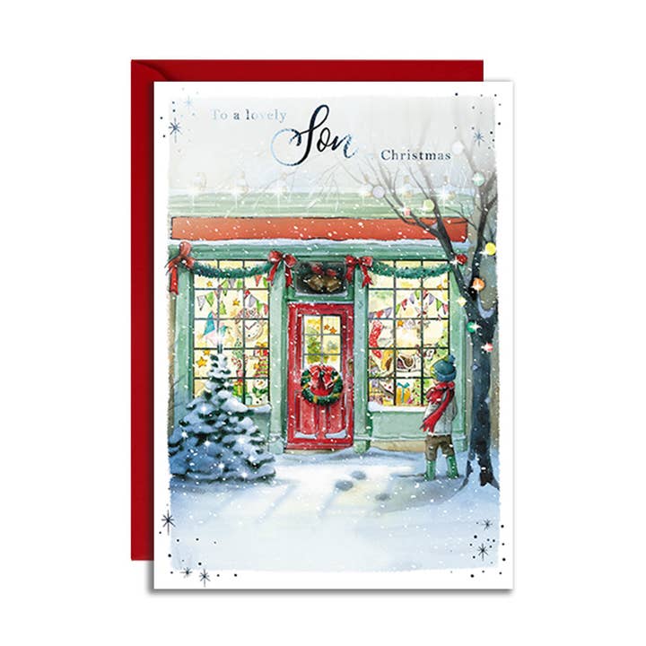 Tarjeta de Navidad para Hijo 2025 Fachada de Tienda Nieve Tradicional para venta al por mayor de The Great British Card Company (GBCC) Ltd