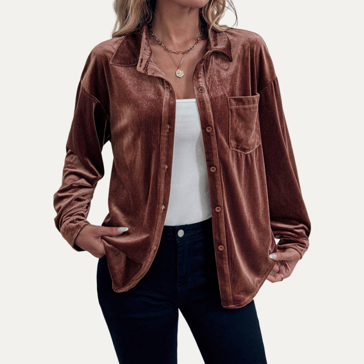 The Moment Collection - Wholesale Shirt - Women's - Classic Velvet Collared Long Sleeve Button-Up Shirt1