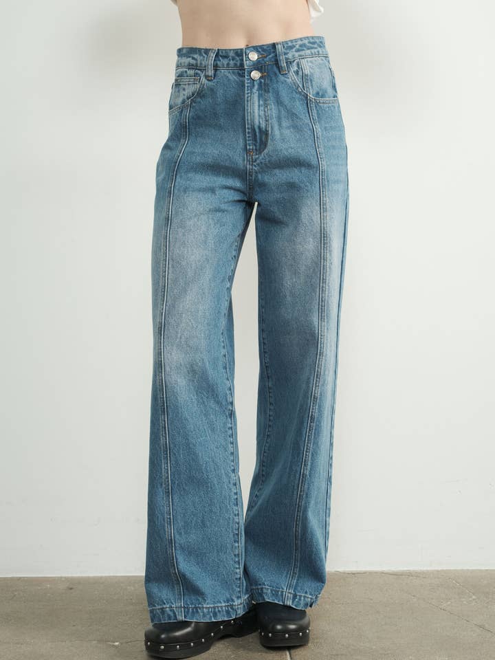 MAP3112 SEAM DETAIL HIGH WAIST WIDE LEG JEANS for wholesale by Aaron & Amber