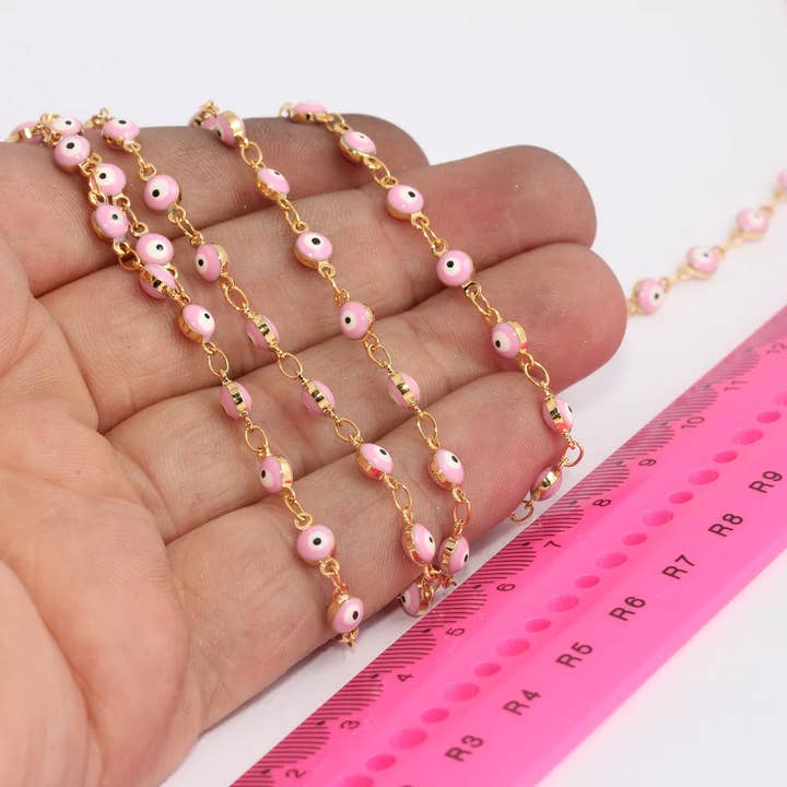 Catena con perline occhio malocchio in oro lucido 24k 4x6mm, BXB120-1 per la vendita all'ingrosso da parte di QueenJewelryM