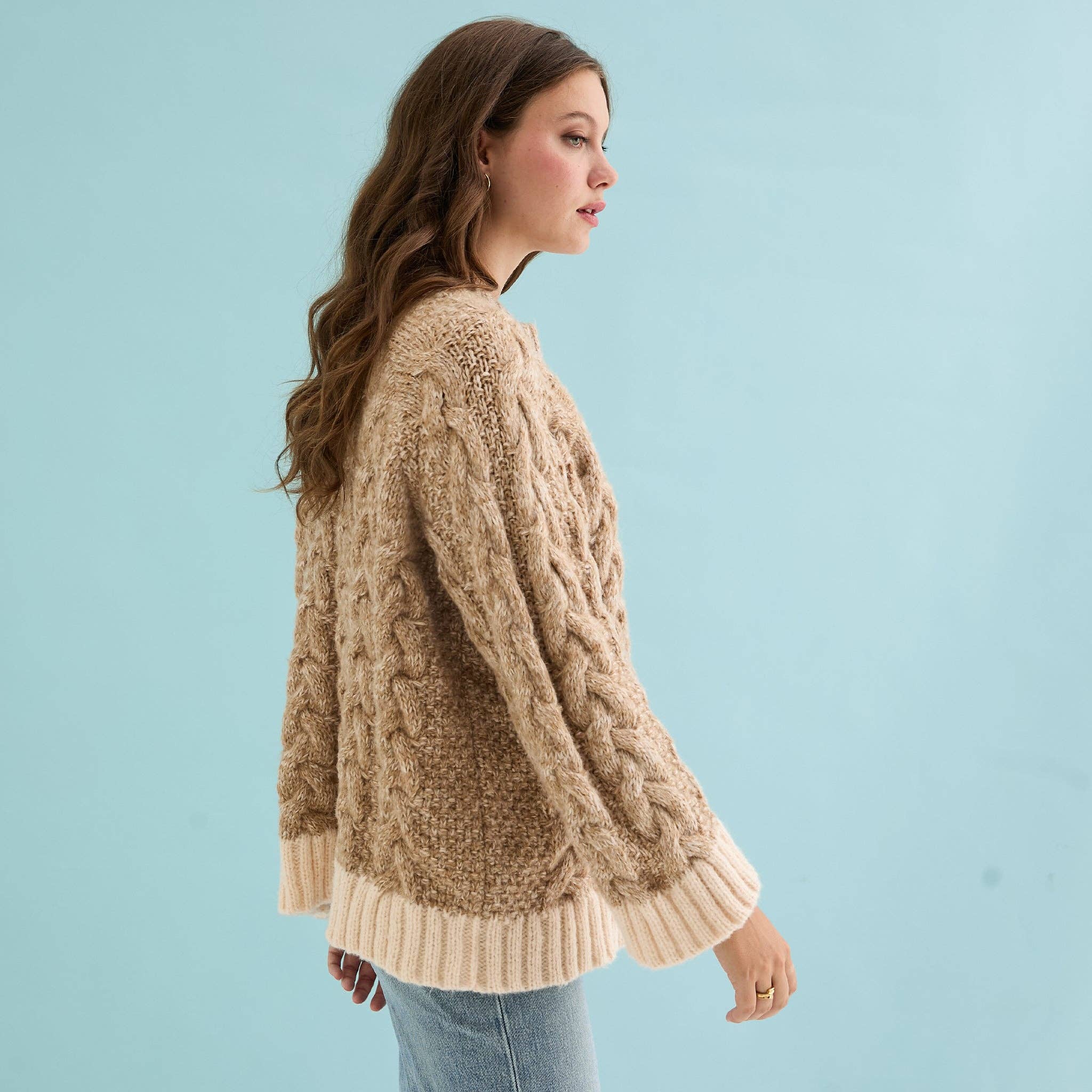 Cara & The Sky - Wholesale Knit Sweater - Women's - Jennie Cable High Neck Balloon Sleeve Jumper - Beige2