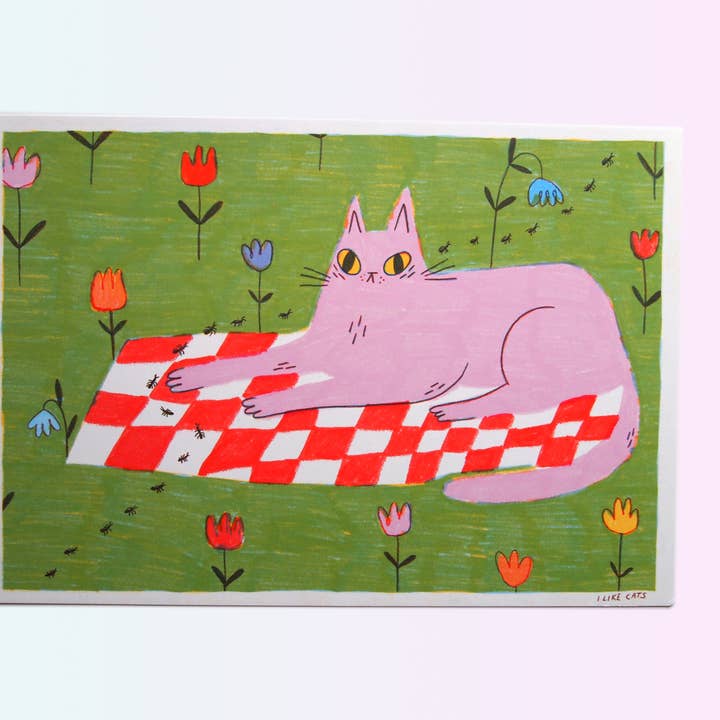 Ants Picnic A5 illustrated art print, pink cat with flowers for wholesale by I LIKE CATS