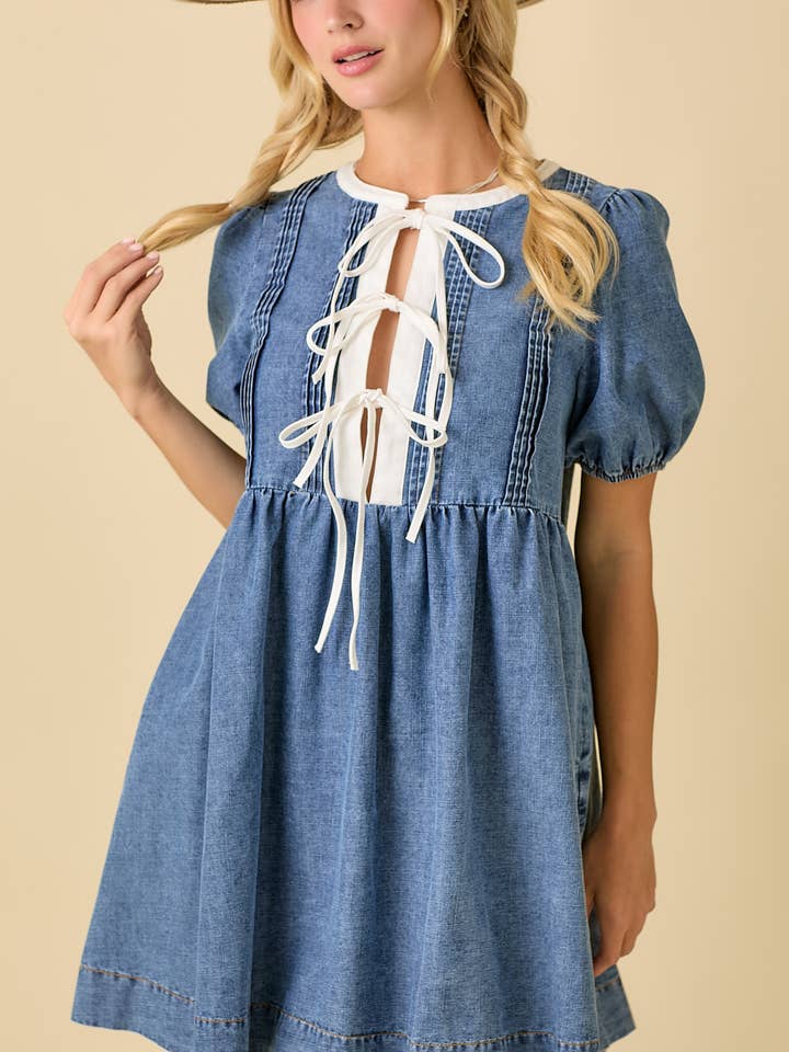 Round Neck Baby Doll Mini Denim Dress for wholesale by Main Strip