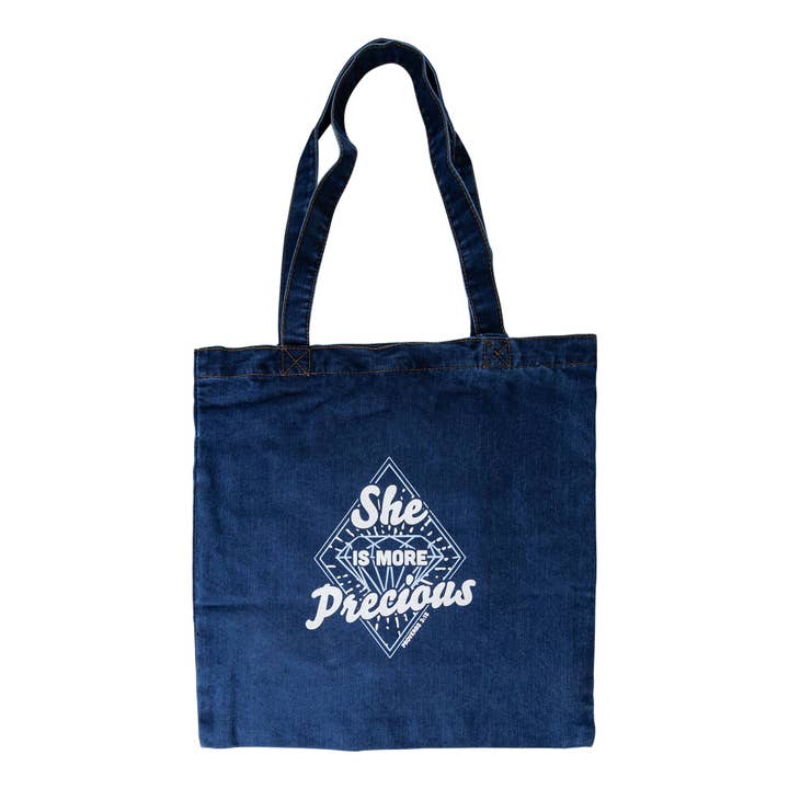 Denim Tote - She Is More Precious for wholesale by Divinity Boutique