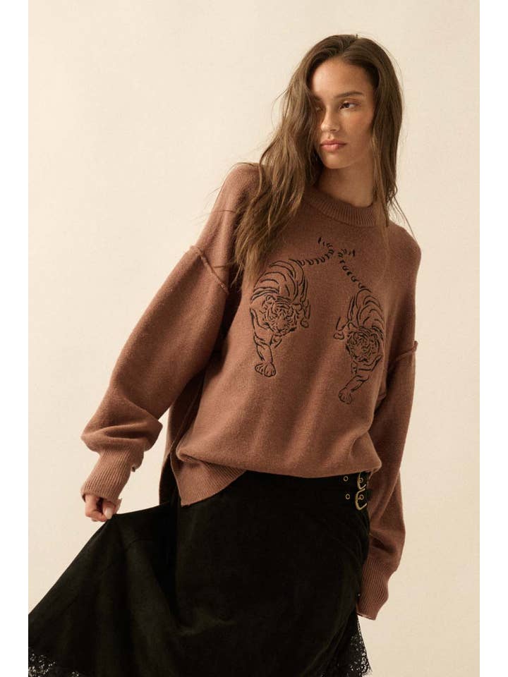 Promesa USA - Wholesale Knit Sweater - Women's - Embroidered Tigers Solid Knit Exposed-Seam Sweater0