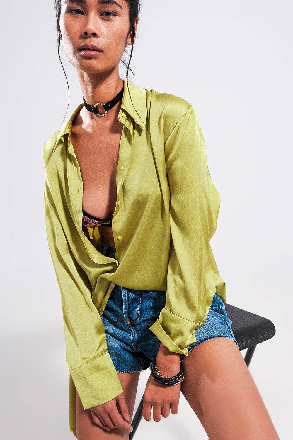 Long sleeve satin button front shirt in green for wholesale on Faire