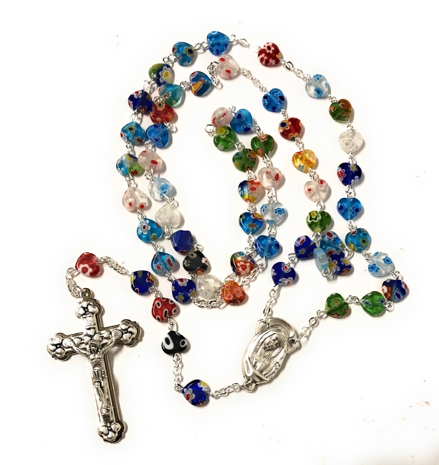 Costa Articoli Religiosi - Venta al por mayor Collar de cuentas de oración - Rosario de vidrio de Murano con cuentas en forma de corazones multicolor 7x7 mm