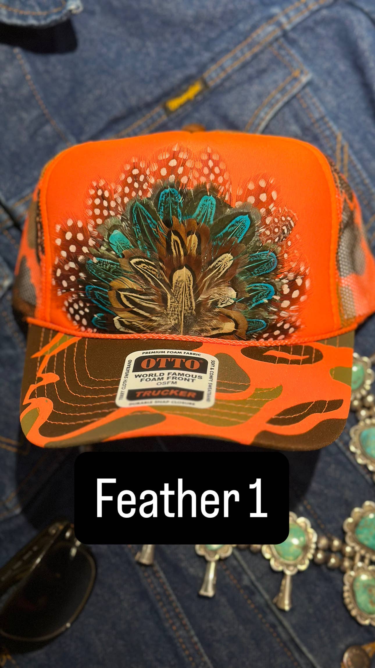 High Ho Silversmithing - Wholesale Trucker Hat - Women's - ORANGE CAMO CAMOUFLAGE FEATHER TRUCKER HAT