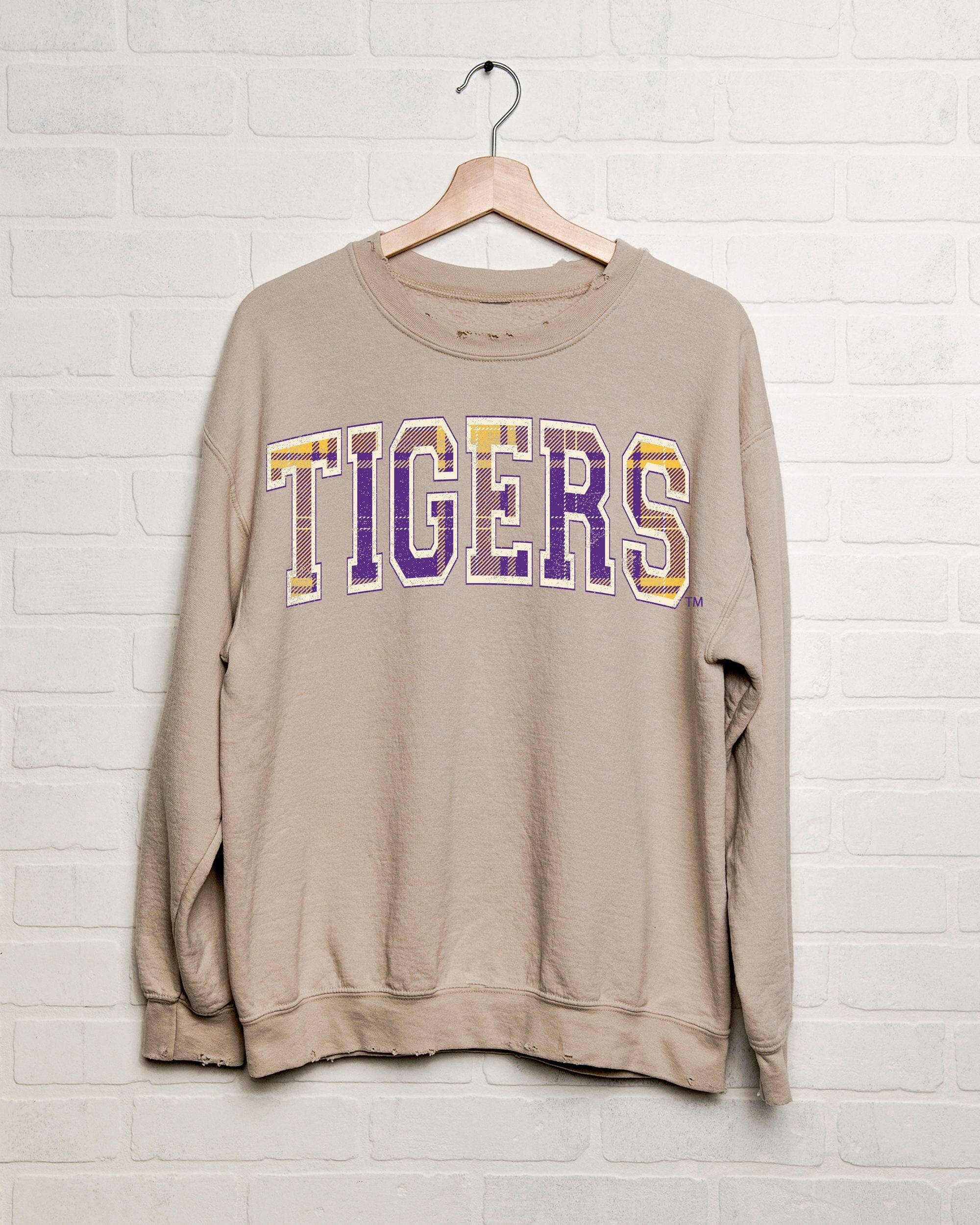 LivyLu - Wholesale Graphic Sweatshirt - Unisex - LSU Tigers Tartan Sand Thrifted Sweatshirt0