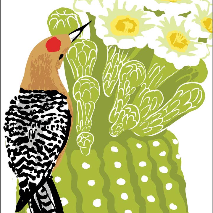 Gila Woodpecker Bird & Flowering Saguaro Art Print for wholesale by Rigel Paper