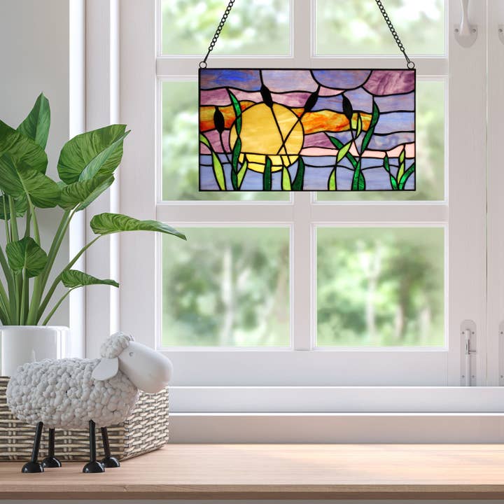 River of Goods - Wholesale Suncatcher - 8.25"H Purple Cattails at Sunset Stained Glass Window Panel