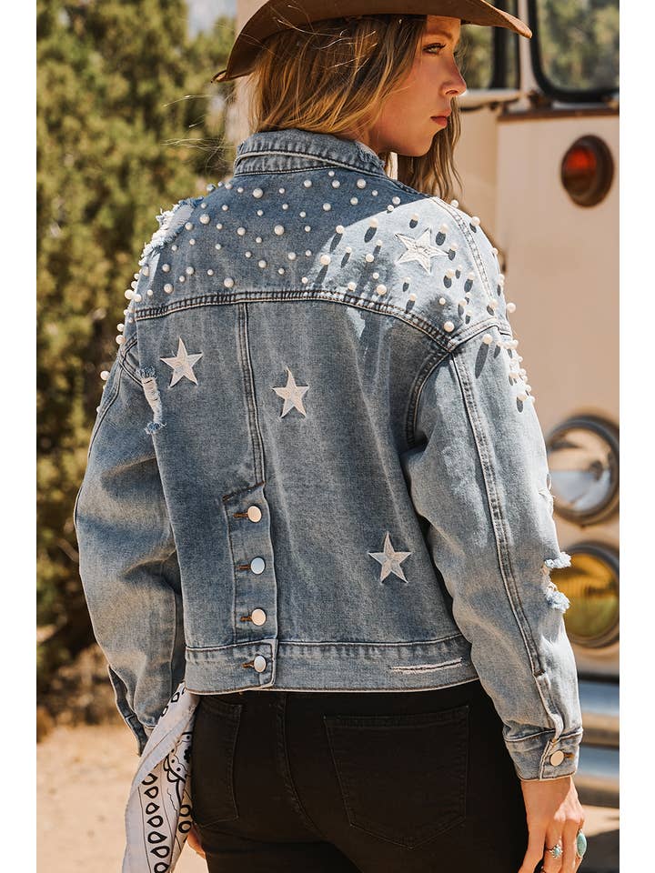 fashionworks - Wholesale Denim Jacket - Women's - Fashion-W Western Distressed Pearls Star Crop Denim Jacket