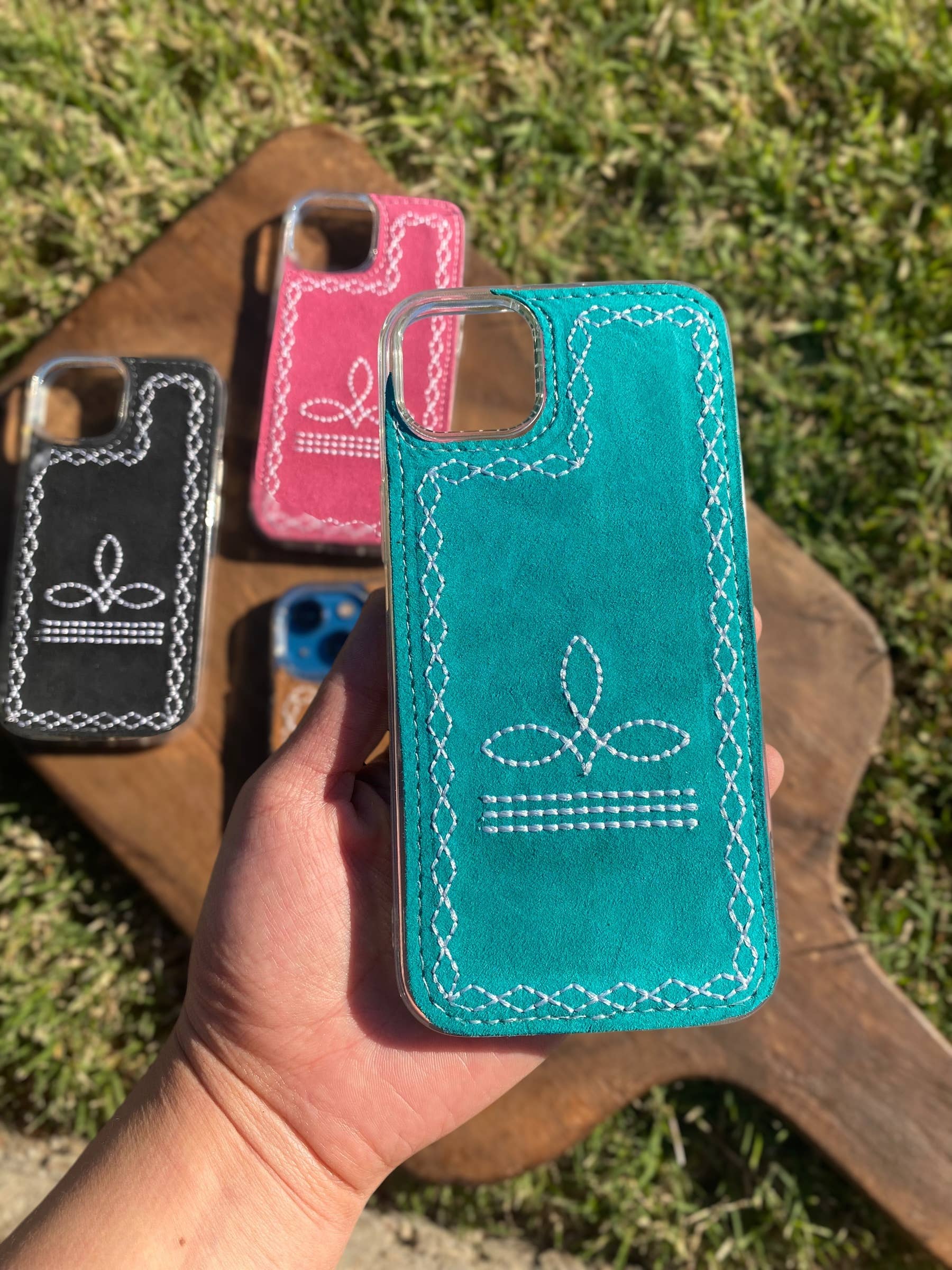 Western Linens - Wholesale Phone Case - Women's - Pink Boot-Stitch Suede Leather Phone Case 2