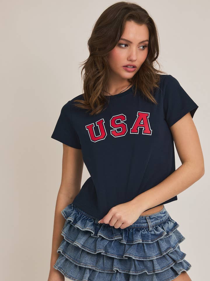 LE LIS - Wholesale Screen Printed T-Shirt - Women's - "USA" GRAPHIC SHORT SLEEVE CREW NECK BABY TEE