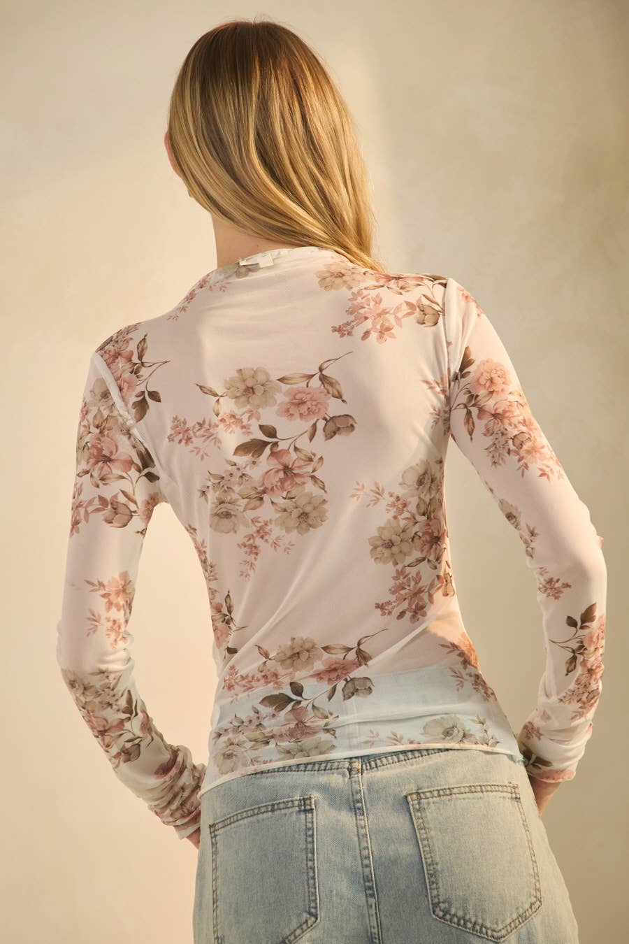 Ivory Taupe Combo Plus Sheer Mesh Long-sleeve Top for wholesale on Faire4