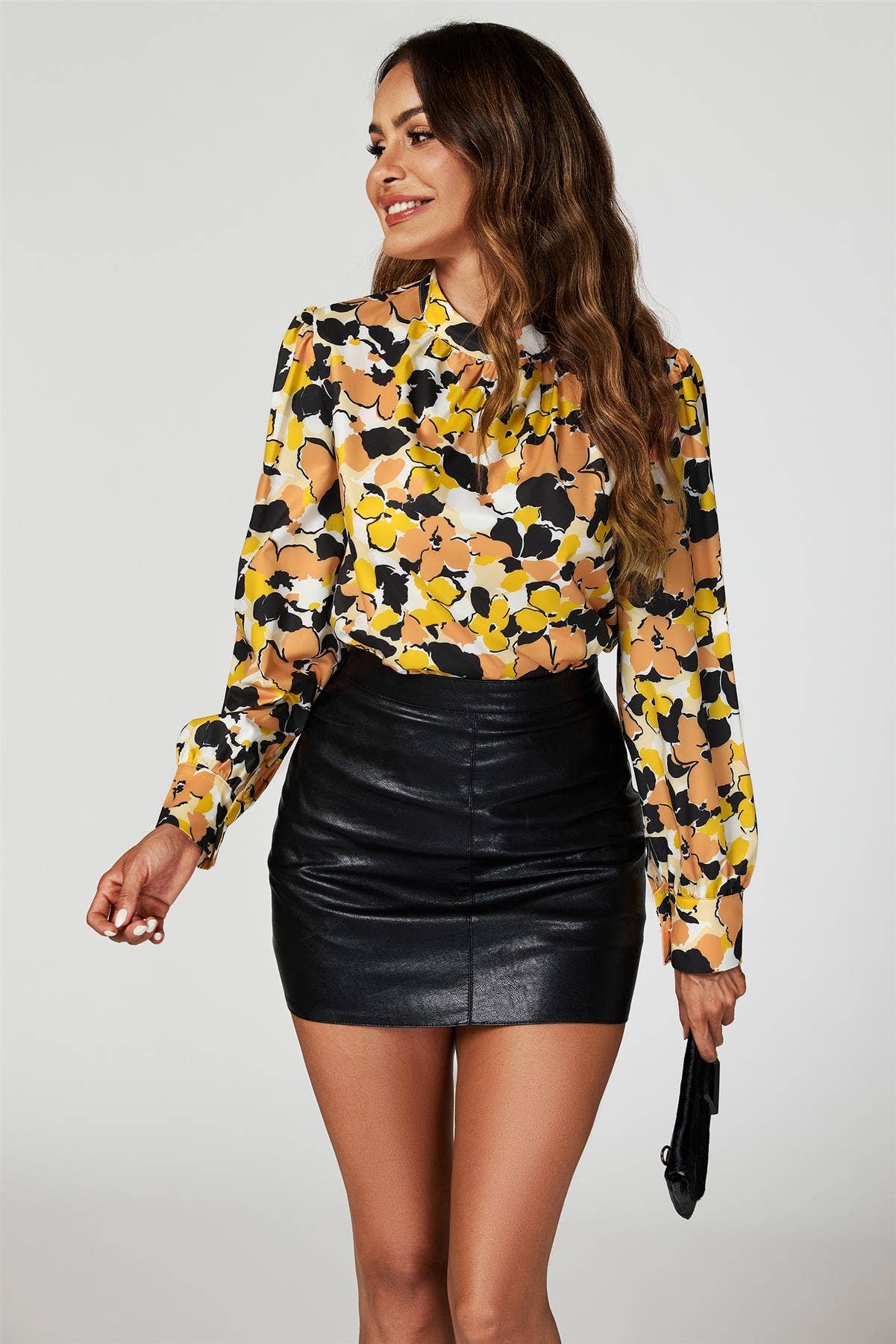 Floral Print Long Sleeve High Neck Top In Yellow for wholesale on Faire4