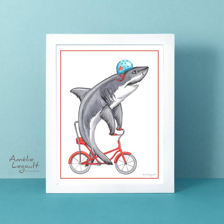 Shark riding a Bike Art Print for wholesale by Sardines Studio