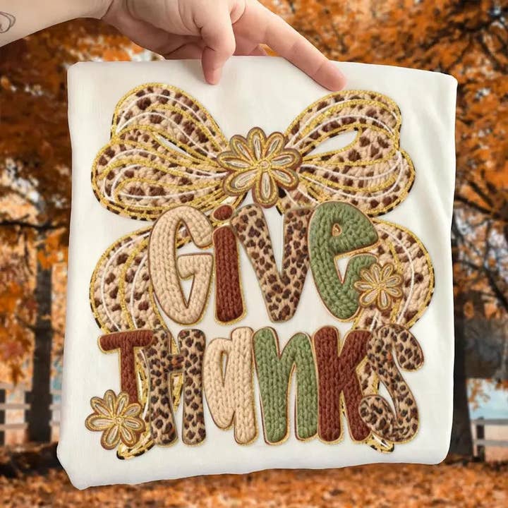 Give Thanks Sweatshirt – Leopard Print Fall Crewneck with Knit Bow Design for wholesale by Midwest Prints