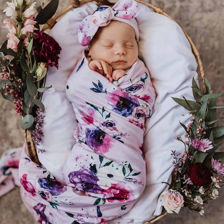 Floral Kiss Baby Jersey Wrap & Topknot Set for wholesale by Snuggle Hunny