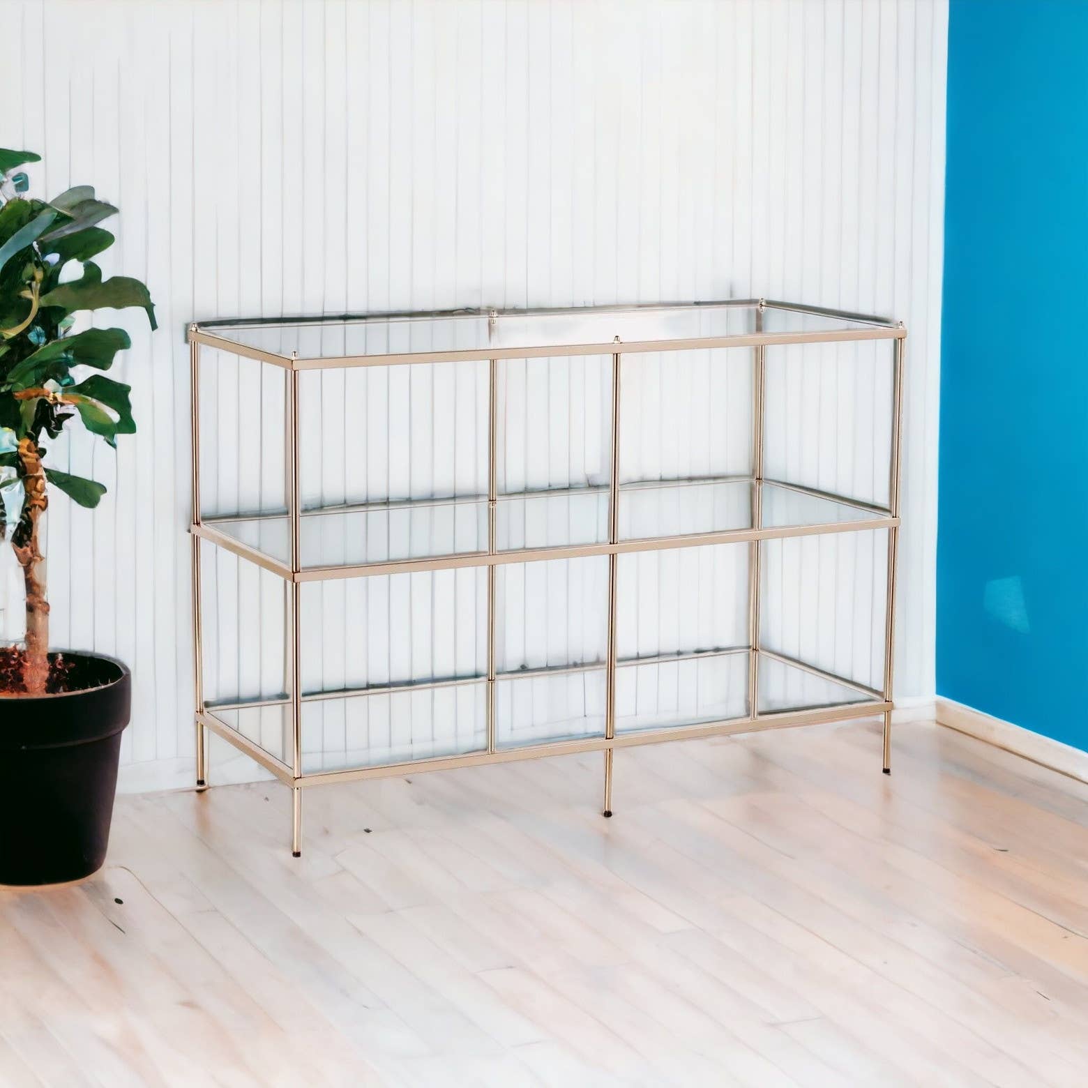 HomeRoots – Großhandel Konsolentische – 42-Zoll-Konsolentisch aus klarem und goldfarbenem Glas, verspiegelt2