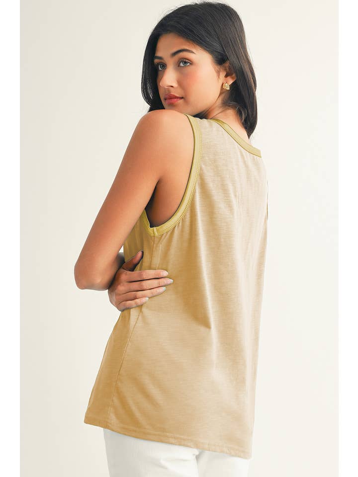 Little Daisy Closet - Wholesale Tank Top - Women's - LDC Tan Contrast Trim Round Neck Tank Top