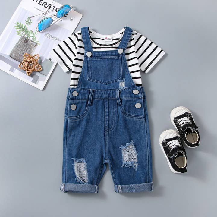 Blue 2pcs Baby Boy/Girl Short-sleeve Striped Tee and Ripped Denim for wholesale on Faire