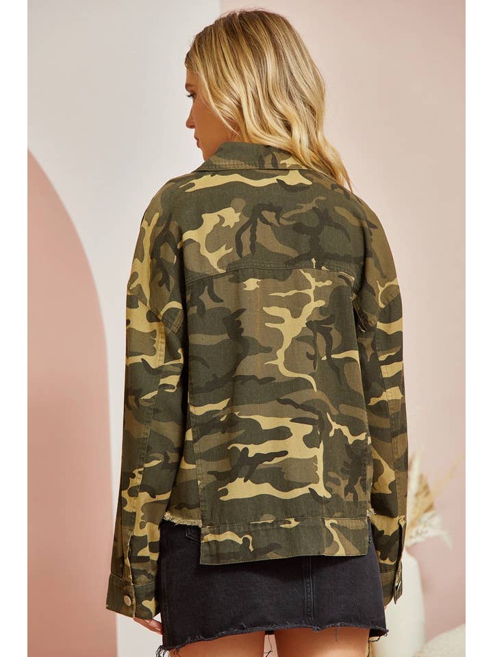 Camo Drop Shoulder Jacket 19846-C for wholesale on Faire