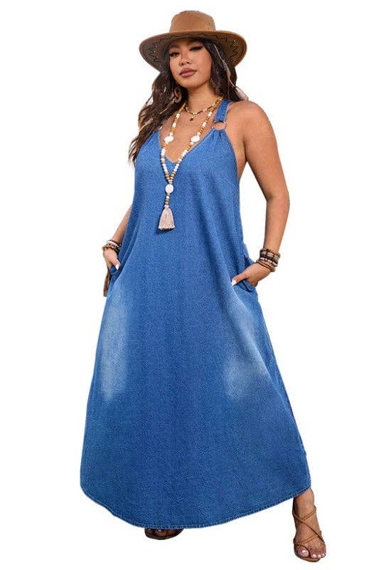 By Claude - Wholesale Dress - Women's - WOMEN PLUS SIZE FASHION DENIM MAXI DRESS1