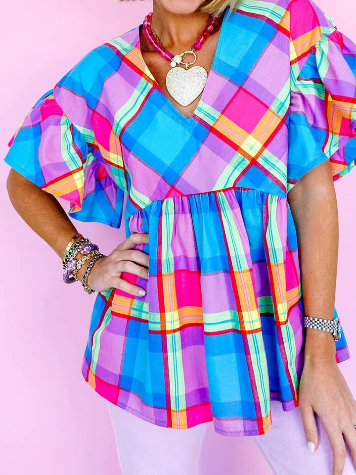 Sky Blue Plaid V-Neck Babydoll Top for wholesale on Faire
