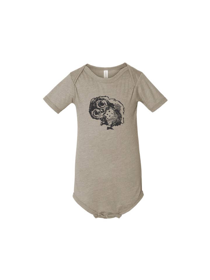 Cute Owl Baby Onesie for wholesale by Buffalo Mountain Print + Supply