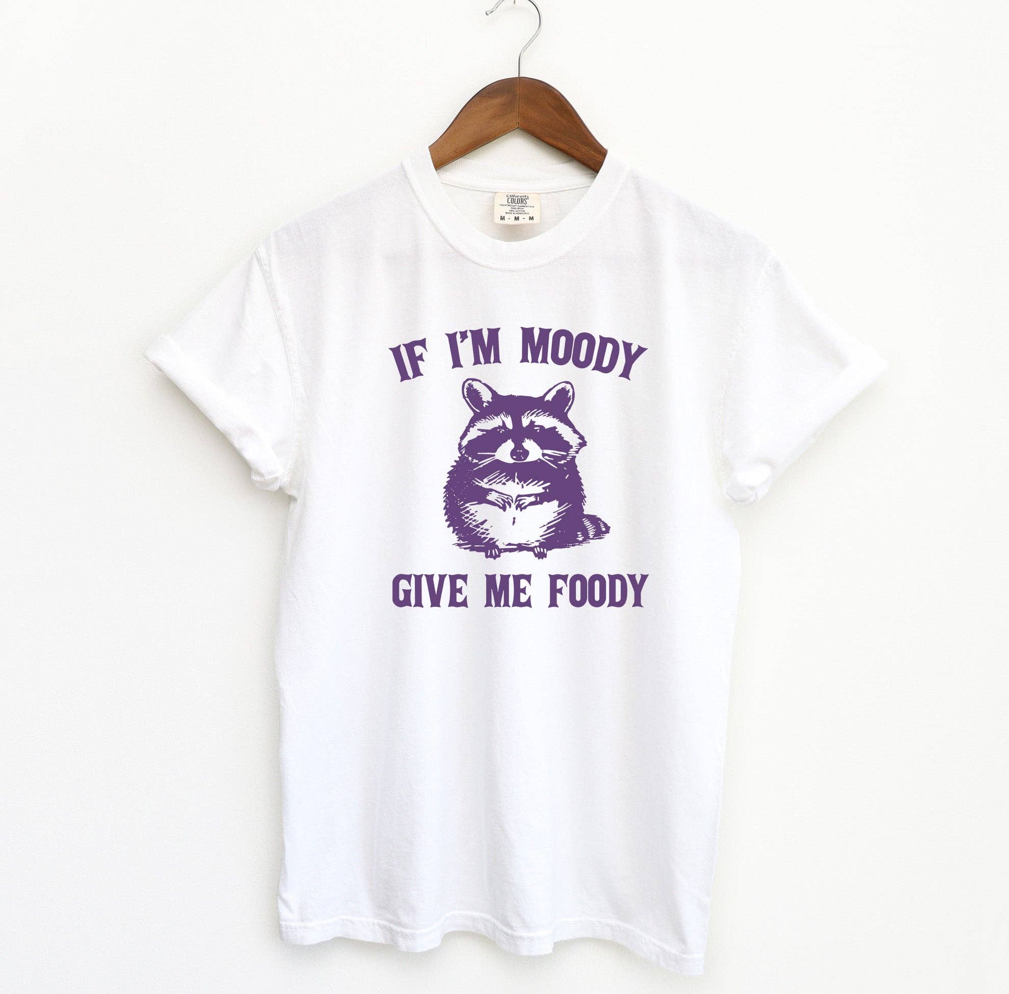 Blue Giraffe Inc – wholesale Screen printed t-shirt – Women′s – If Im Moody Give Me Foody Raccoon T-Shirt1