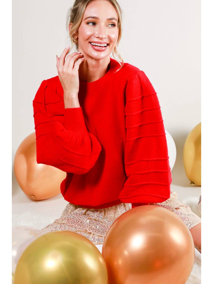 Vine & Love - Wholesale Knit Sweater - Women's - Crew Neck Textured Puff Sleeve Knitted Sweater Top VT70364