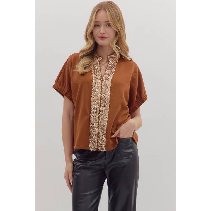 Sequined trim short sleeve top for wholesale by STYLE USA