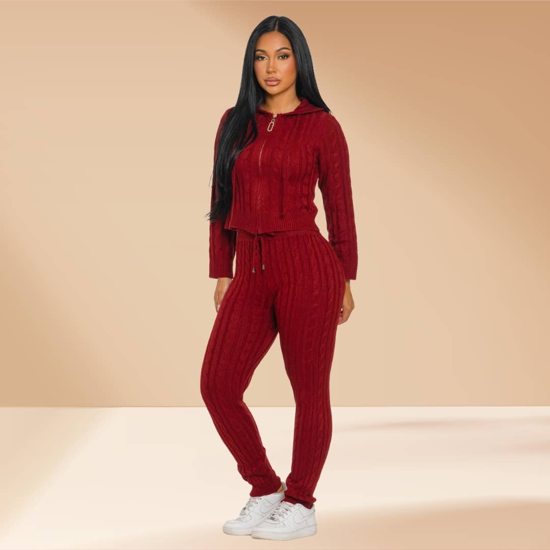Celystrends - Wholesale Lounge Set - Women's - Cable Knit Pants Set Hooded Sweater12