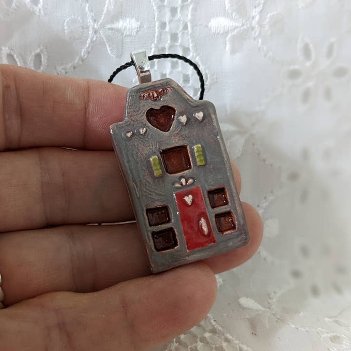 Miniature ceramic house pendant gray with red door and heart for wholesale by CurlyFernCeramics