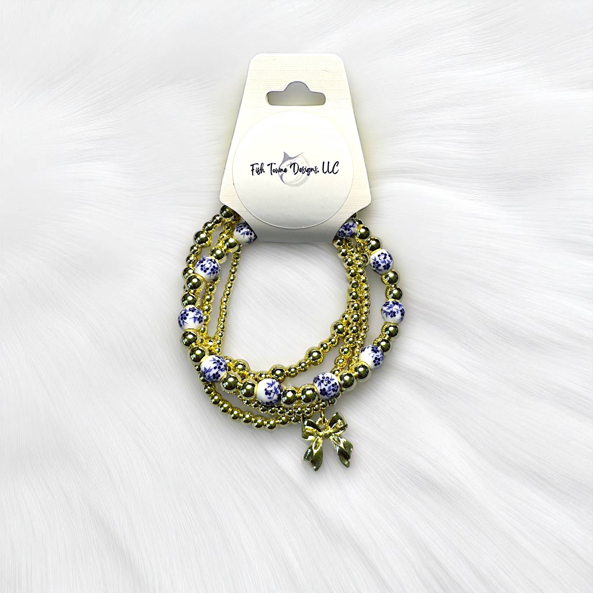 Fish Towne Designs, LLC - Wholesale Jewelry Set - Gold and Chinoiserie Beaded Bracelet Stack7