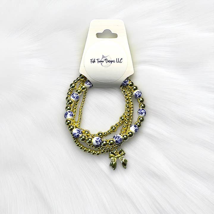 Fish Towne Designs, LLC - Wholesale Jewelry Set - Gold and Chinoiserie Beaded Bracelet Stack7