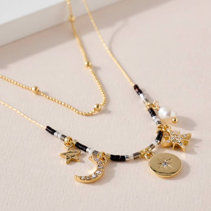 StarryNYC - Wholesale Pendant/Charm Necklace - 2 Row Necklace Multi Charm Star Crescent Starburst Pearl