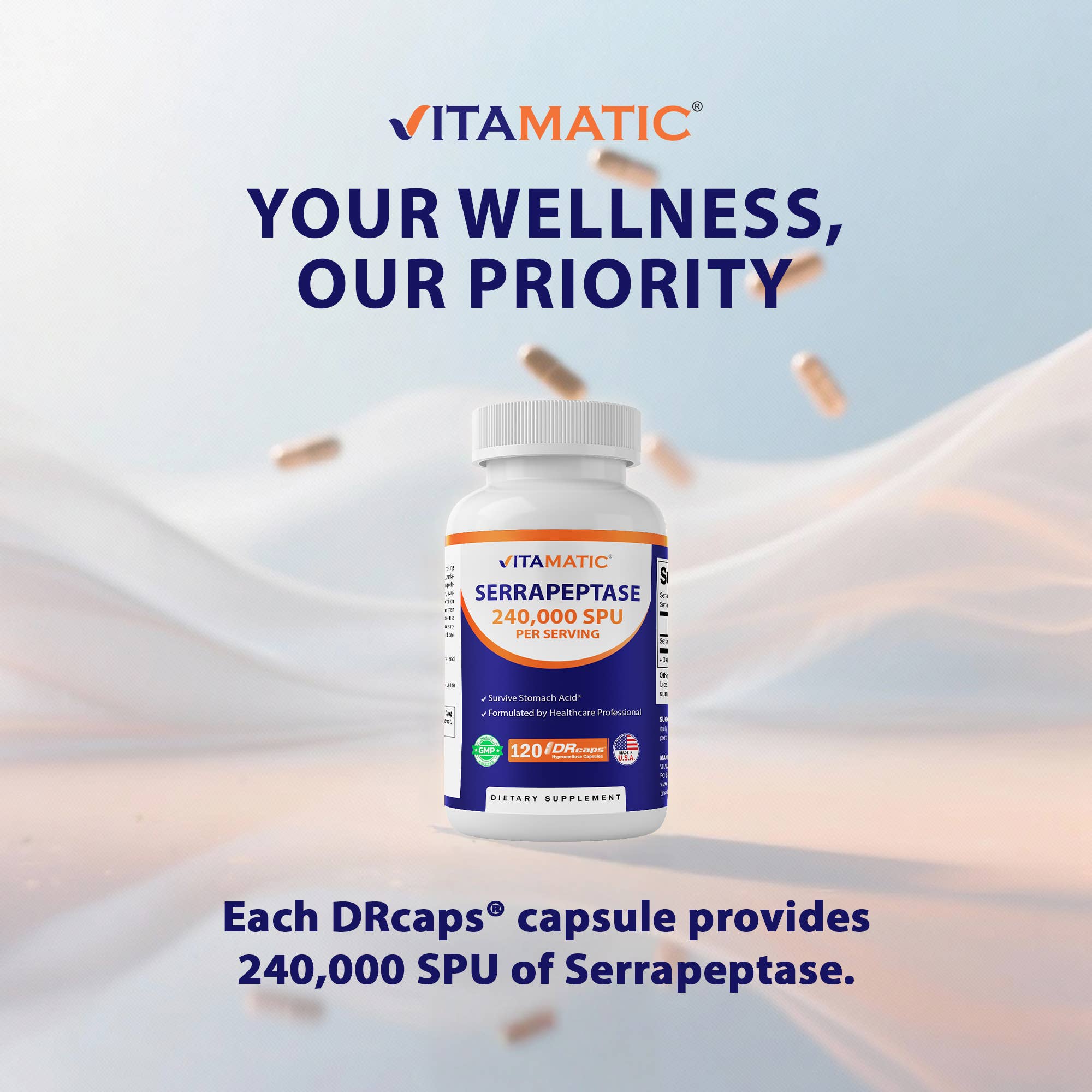 Vitamatic - Wholesale Oral Supplement/Vitamin - Vitamatic Serrapeptase 240,000 SPU Servings|120 DR Capsules3