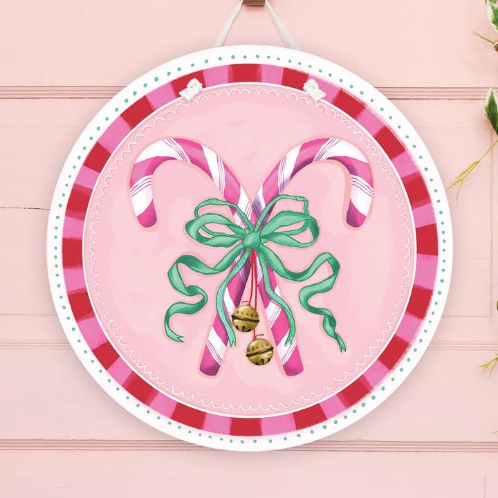 Crossed Pink Candy Canes with Green Bow Door Hanger for wholesale by Songbird Grove Collection