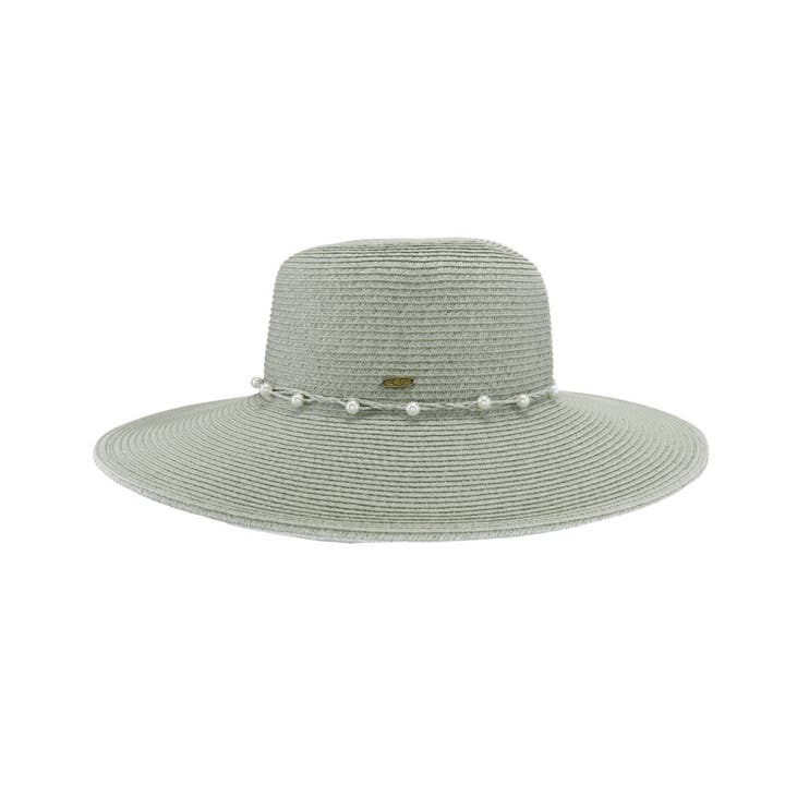C.C Beanie - Wholesale Straw Hat - Women's - Pearl Banded Wide Brim C.C Sunhat STH0036