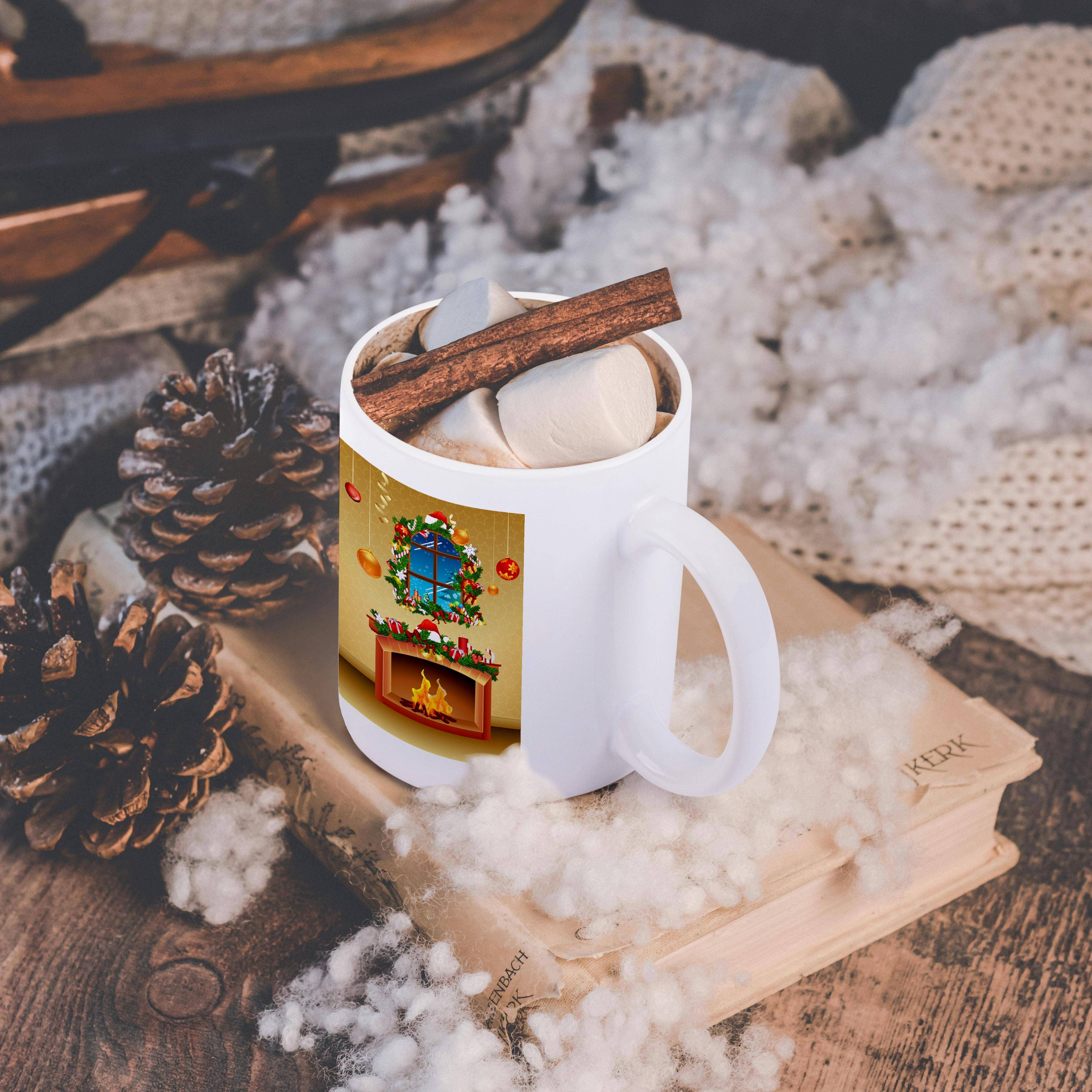 3dRose - Wholesale Coffee Mug - 3dRose, Christmas Scene In A Living Room With A Fireplace and Wreath Decorated Window, Mug11
